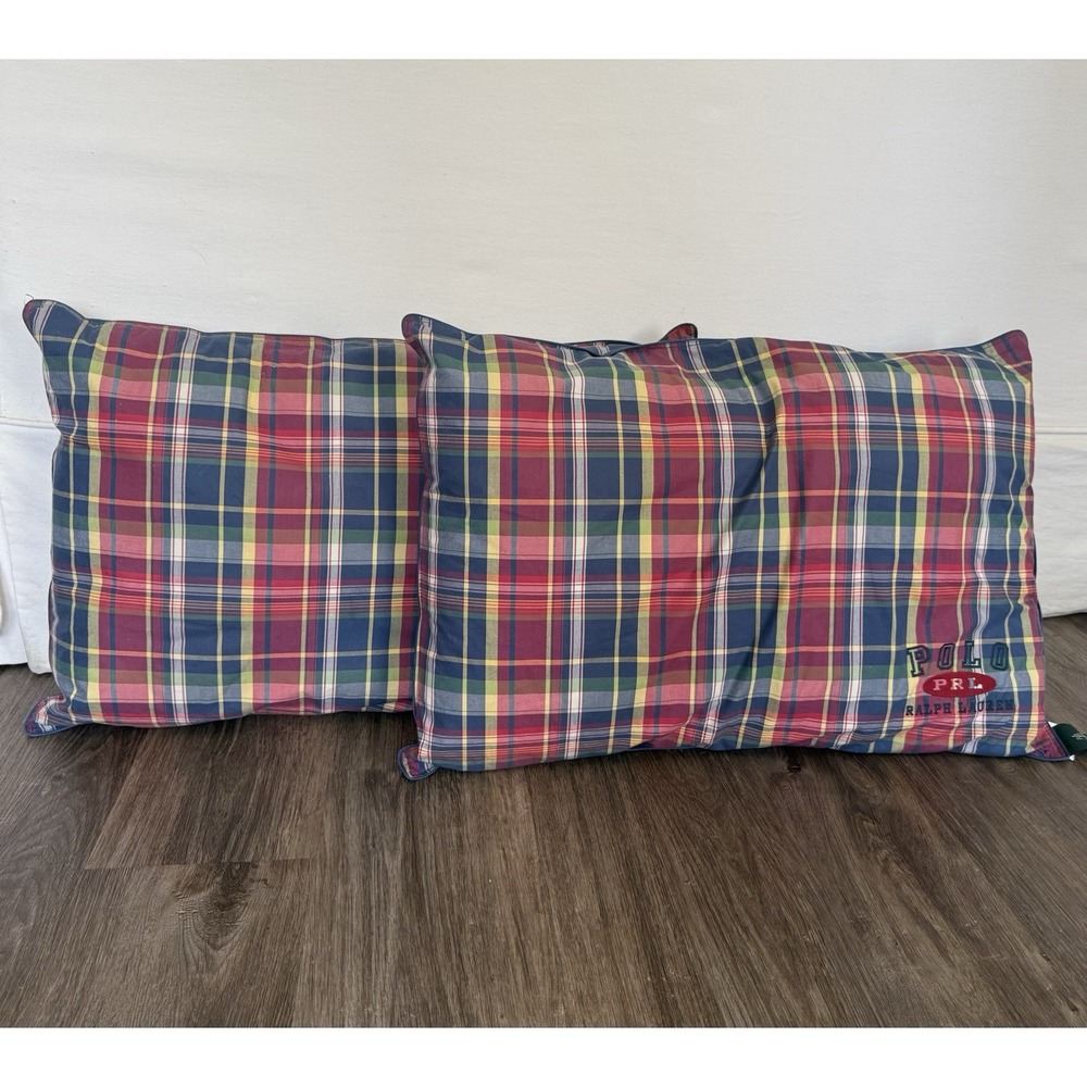 Pair Of Vintage Polo Ralph Lauren Garrison Tartan Plaid Pillows Logo 20" x 28"
